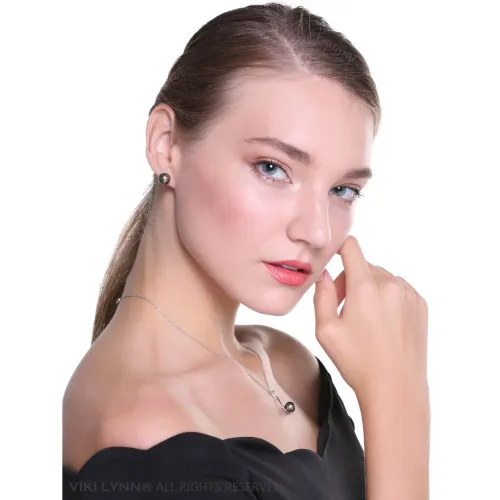 Tahitian Cultured Black Pearl Pendant Necklace 9-10mm Round Sterling Silver Anniversary Gifts for Women - VIKI LYNN