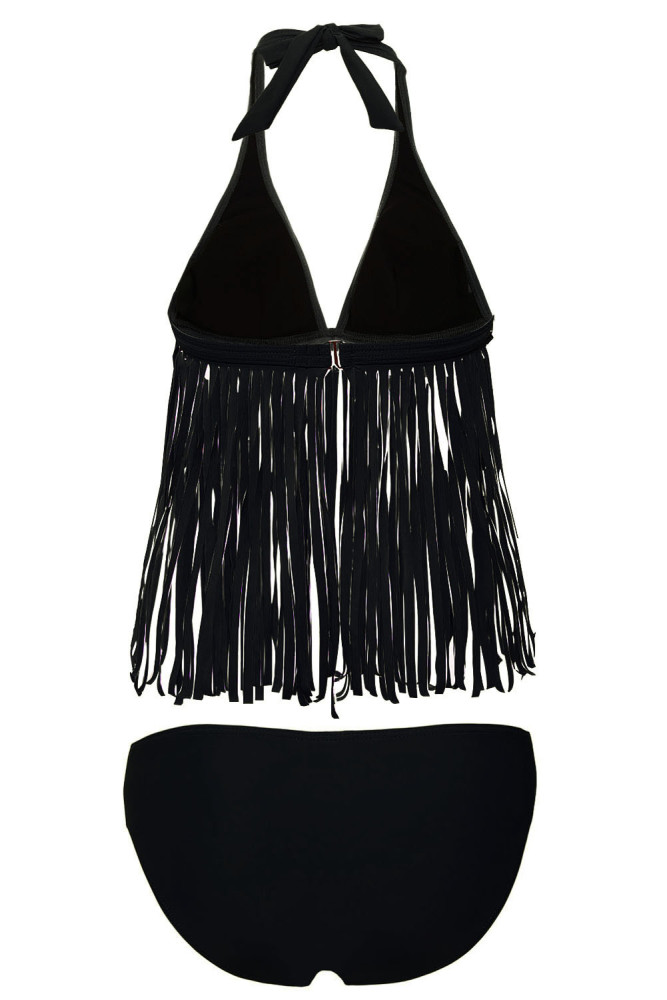 Black 2pcs Fringe Halter Bikini Swimsuit