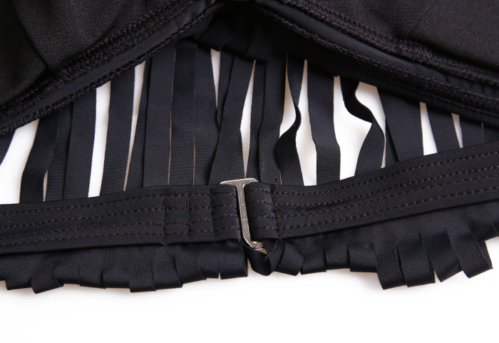 Black 2pcs Fringe Halter Bikini Swimsuit