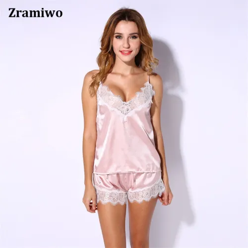Satin Cami and Shorts Set Lace Nightgowns Comfy Pajamas Pretty Nighties Artificial Silk Sleepwear Sets