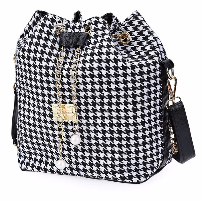 USUN Promotion Hot Women Chains Fashion Bucket Bag Canvas Patchwork Houndstooth Brand Messenger Bag Bolsas BS391