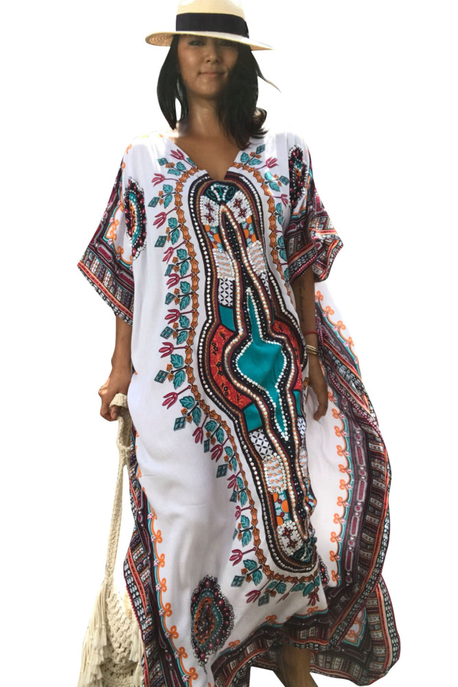 White Ethnic Print Kaftan Maxi Dress