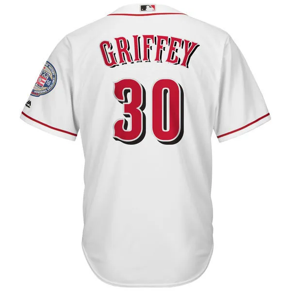 Men's Cincinnati Reds Ken Griffey Jr Majestic White Home 2016 Hall Of Fame Induction Cool Base Jersey with Sleeve Patch Jersey