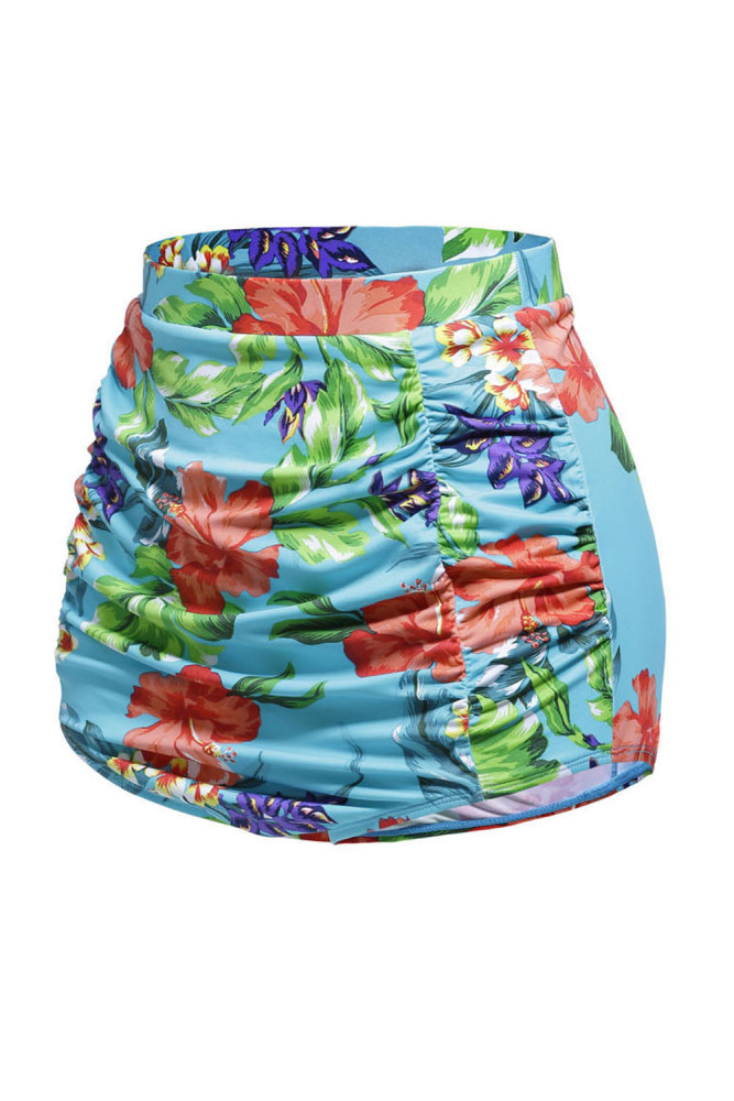 Floral Print Bluish Retro High Waist Swim Bottom