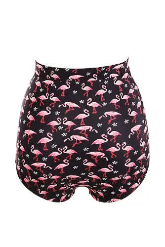 Waterfowl Print Black Retro High Waist Swim Bottom