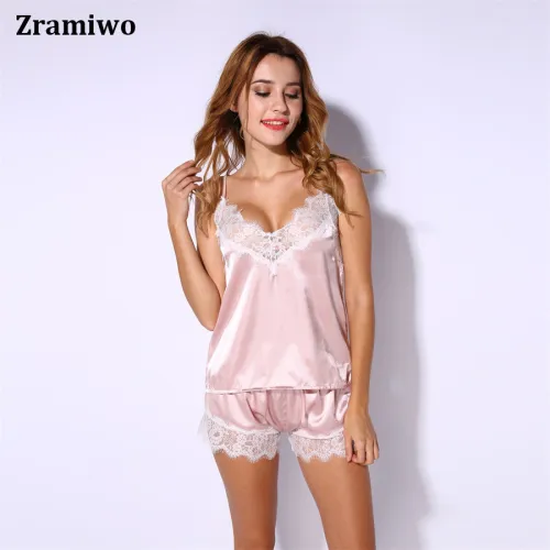 Satin Cami and Shorts Set Lace Nightgowns Comfy Pajamas Pretty Nighties Artificial Silk Sleepwear Sets