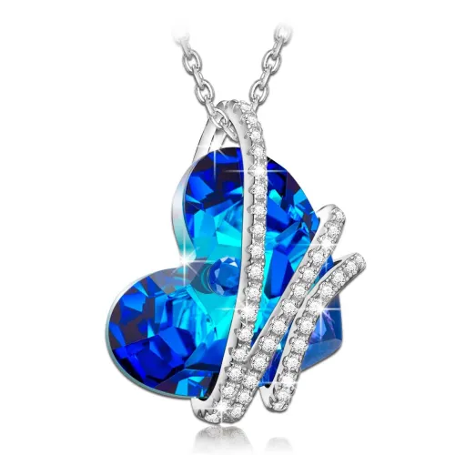 Sapphire Sterling Silver Diamond 3 Stone Heart Pendant Necklace