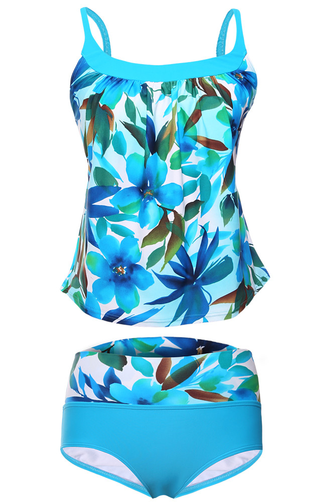 Bluish Floral Print 2pcs Tankini Swimsuit