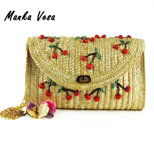 Manka Vesa 2016 Summer New Cherry Banana Straw Messenger Bags Woven Day Clutch Flap Bag Beach Package Crossbody Chain Bags