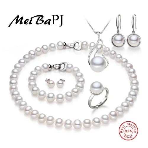 [MeiBaPJ] 925 sterling silver 6 items sets 100% real natural pearl jewelry set for women top quality white color gift box