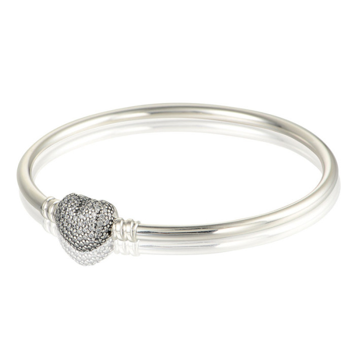 100% 925 Sterling SIlver Heart Bangles with Clear CZ Bracelets For Women Fits European Famous Brand Jewelry Accessories