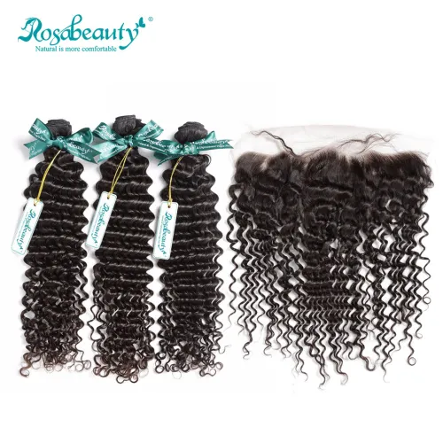 Rosa hair 3 Bundles Human Virgin Deep wave Brazilian Hair With Deep wave Brazilian Hair Lace Frontal Closure Wig Free shipping