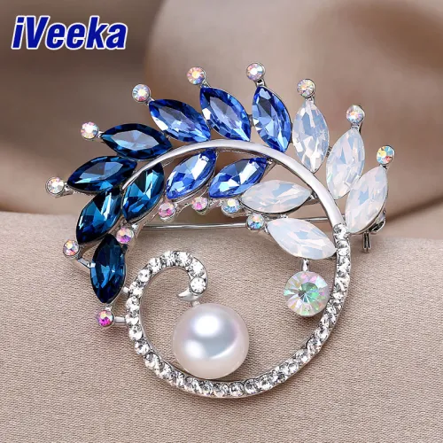 Veeka Luxury Brooches Big Freshwater Pearls Fine Jewelry with Sparking Blue Crystal Gold and Silver Two Color for Choice