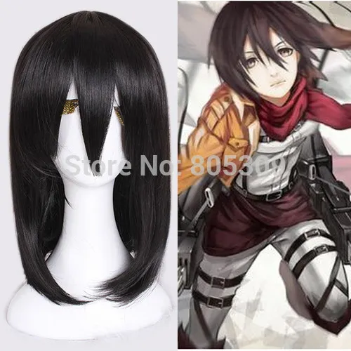 Free Shipping Fashion 40CM Synthetic Black Attack on Titan Mikasa Ackerman Cosplay Wig