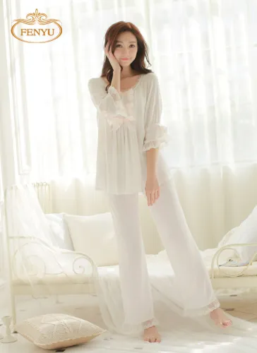 Free Shipping Princess Women's White Pajamas Pants Set Lace Decoration Sleepwear pijamas femininos verao