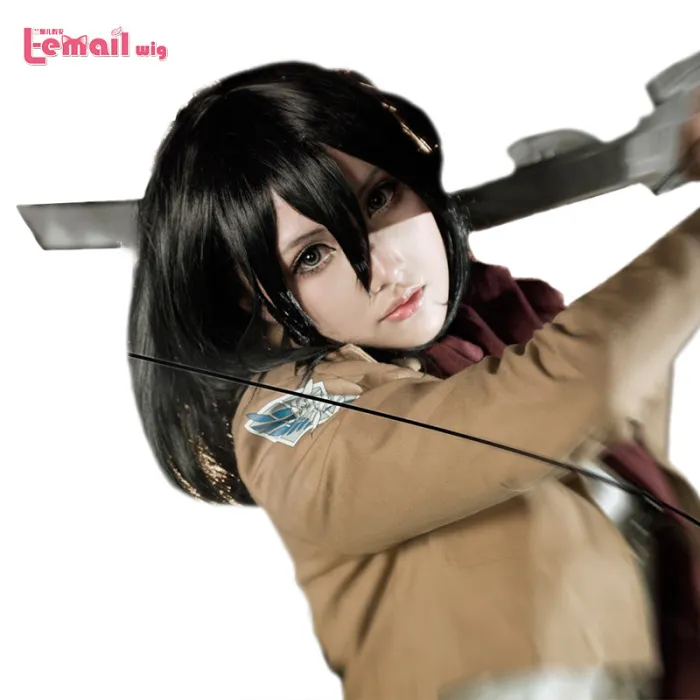 Free Shipping Fashion 40CM Synthetic Black Attack on Titan Mikasa Ackerman Cosplay Wig