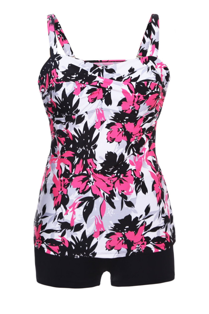 Rose Red Floral Print Swimdress Tankini and Shorts