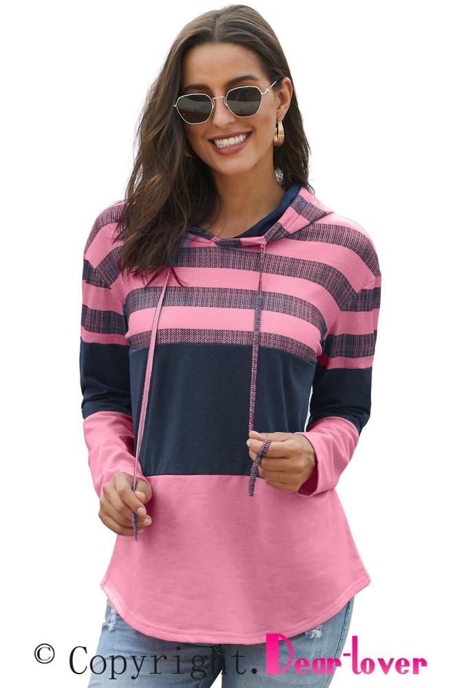 Rose Pink Speak to Me Color Block Drawstring Hoodie