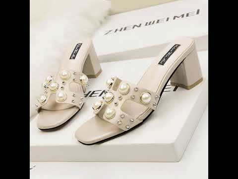 7CM Fashion Thick Pearl Rivets Pump Heel Mules