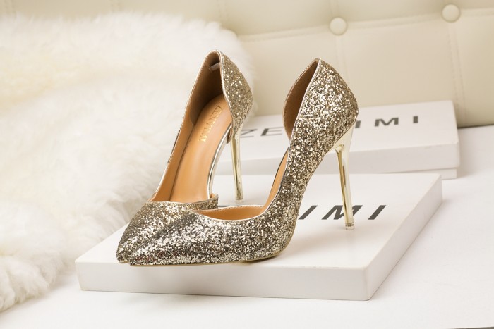 Asmxing 11CM Sweet Shallow Pointed Hollow Sequins Sidecut Dress Party Elegant Sandals
