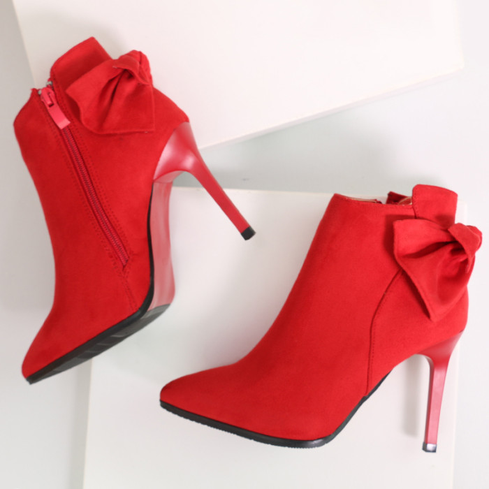 9.5CM Sexy Ankle Straps Bow Suede Short Boots High Heel Pointed Toe