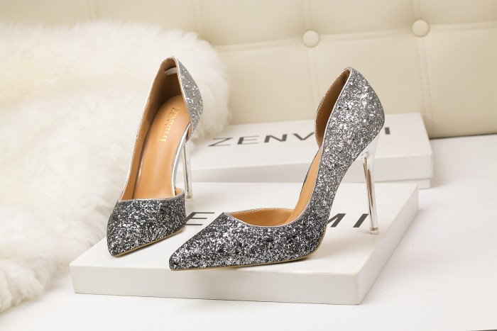 Asmxing 11CM Sweet Shallow Pointed Hollow Sequins Sidecut Dress Party Elegant Sandals