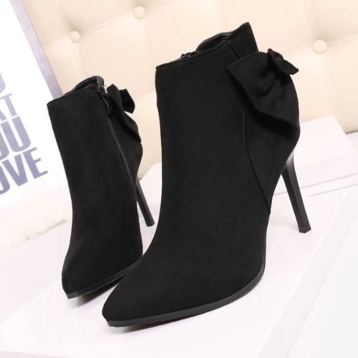 9.5CM Sexy Ankle Straps Bow Suede Short Boots High Heel Pointed Toe