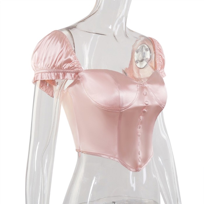 Party Sexy Pink Push Up Puff Sleeve Vintage Crop Top