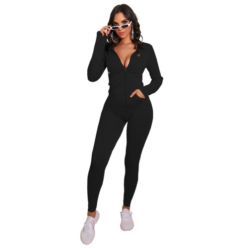 Copy Autumn Sports Fitness Solid Plain Zip Up Hoodie Jumpsuit