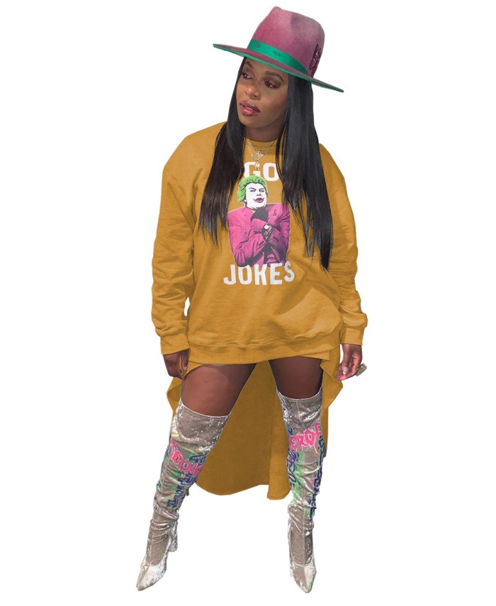 Autumn Character Print Round Neck High Low Shirt Dress