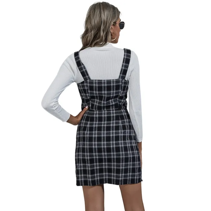 Autumn Plaid Print Zip Up Suspender Mini Skirt