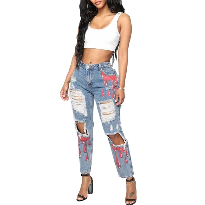 Stylish Blue Print Ripped Damage Jeans