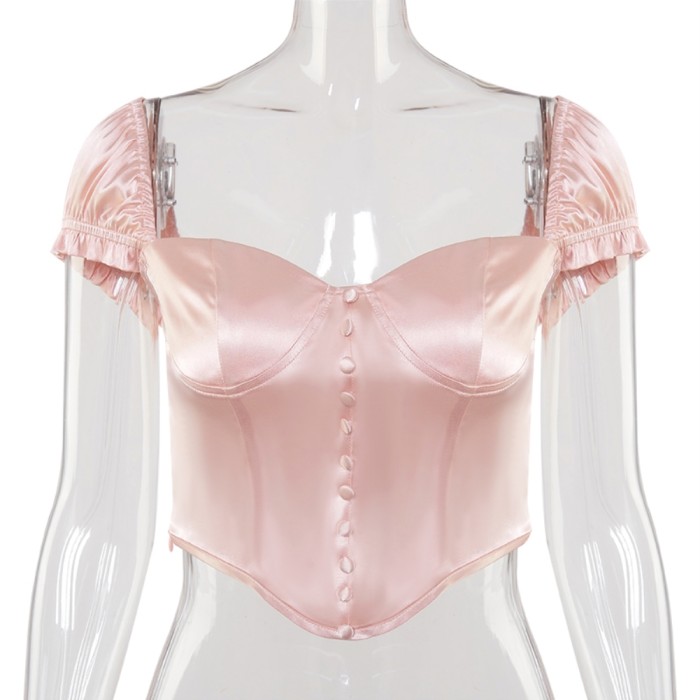 Party Sexy Pink Push Up Puff Sleeve Vintage Crop Top