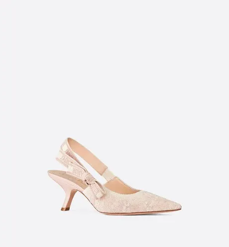 J'Adior Slingback Pump Pink and Ecru Embroidered Cotton with Toile de Jouy Motif