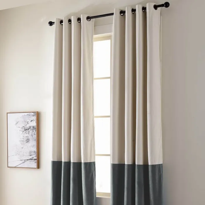 2 Toned Blackout Lined Pieced Patchwork Grommet Velvet Curtain BIRKIN