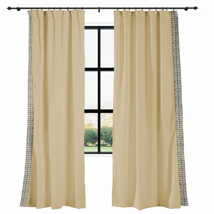 AMARA Polyester Linen Curtain Drapery With Decorative Trim Custom Sold Per Pair