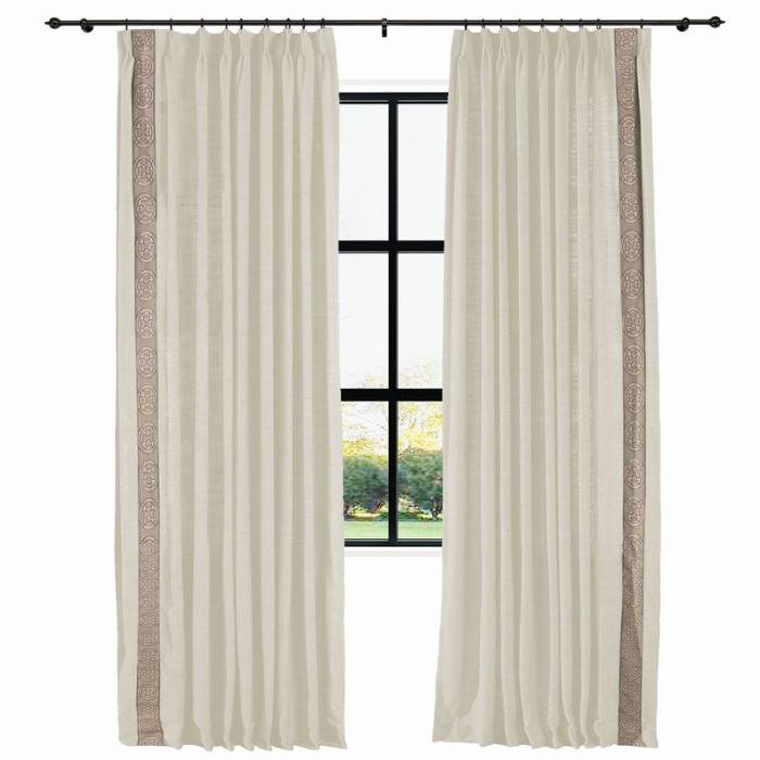AMARA Polyester Linen Curtain Drapery With Decorative Trim Custom Sold Per Pair