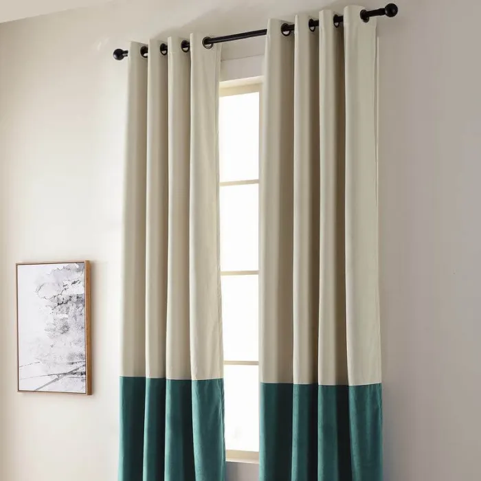 2 Toned Blackout Lined Pieced Patchwork Grommet Velvet Curtain BIRKIN