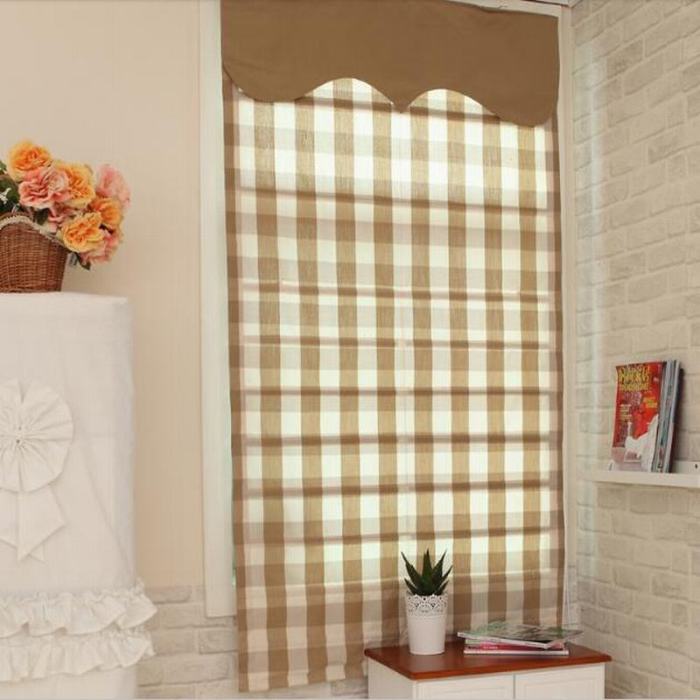 Plaid Print Polyester Cotton Roman Shade In Milk Tea