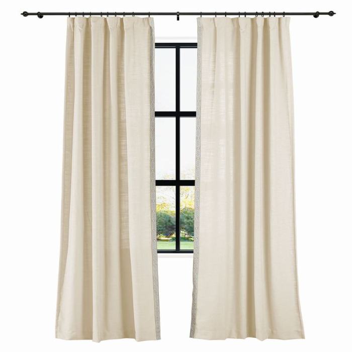 AMARA Polyester Linen Curtain Drapery With Decorative Trim Custom Sold Per Pair