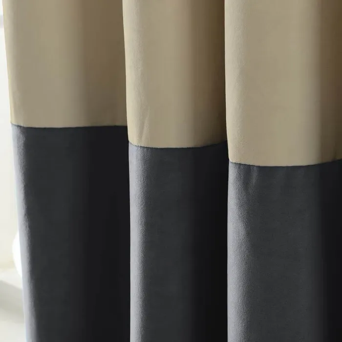 2 Toned Blackout Lined Pieced Patchwork Grommet Velvet Curtain BIRKIN