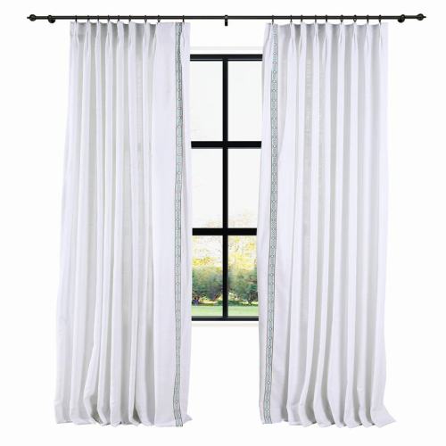 AMARA Polyester Linen Curtain Drapery With Decorative Trim Custom Sold Per Pair