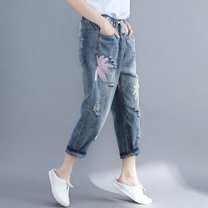 Blugi moderni pentru femei, casual și ușor de asortat, cu broderie și elastic în talie, din bumbac