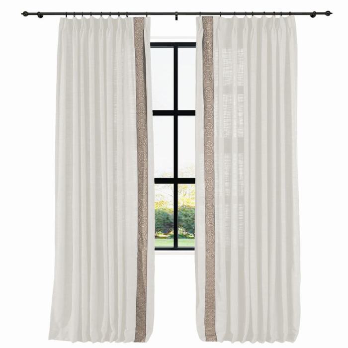 AMARA Polyester Linen Curtain Drapery With Decorative Trim Custom Sold Per Pair