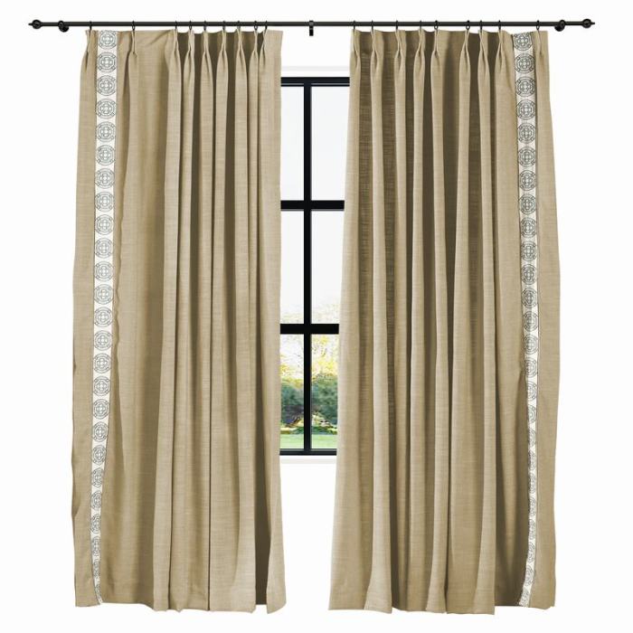 AMARA Polyester Linen Curtain Drapery With Decorative Trim Custom Sold Per Pair