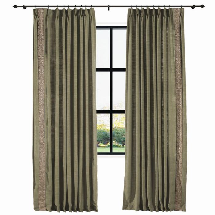 AMARA Polyester Linen Curtain Drapery With Decorative Trim Custom Sold Per Pair