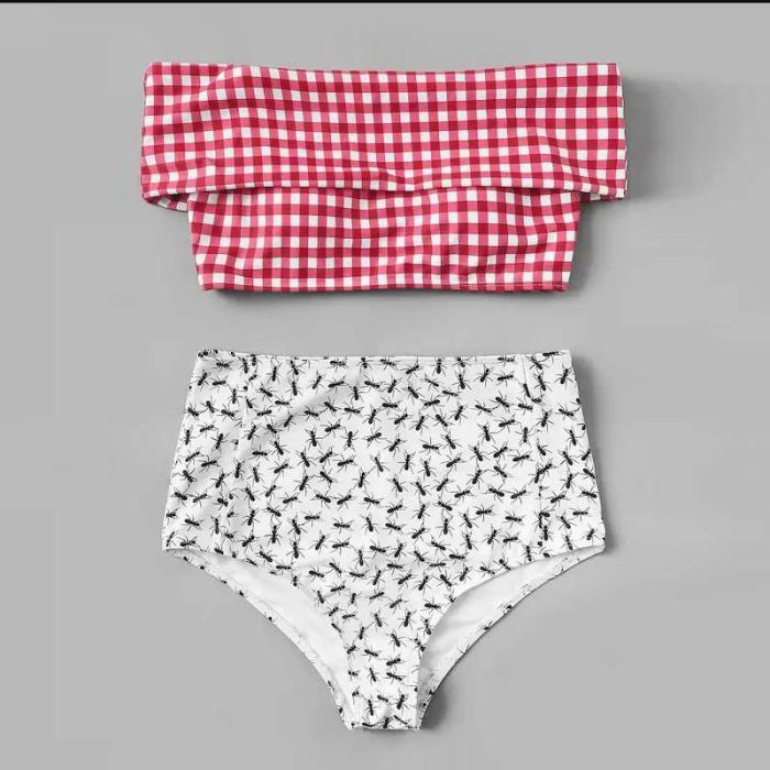 Bikini din tartan, model nou cu talie înaltă, model conservator