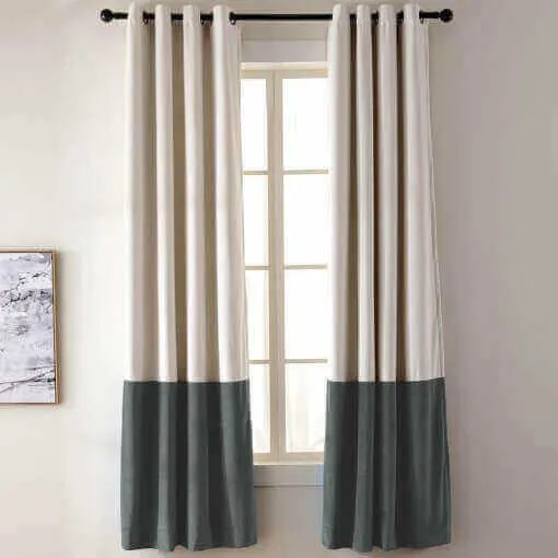 2 Toned Blackout Lined Pieced Patchwork Grommet Velvet Curtain BIRKIN