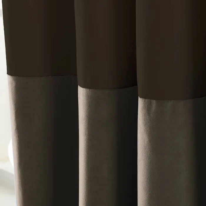 2 Toned Blackout Lined Pieced Patchwork Grommet Velvet Curtain BIRKIN