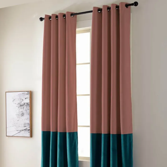 2 Toned Blackout Lined Pieced Patchwork Grommet Velvet Curtain BIRKIN